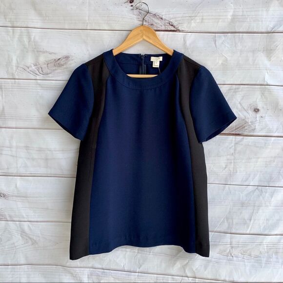 NWT J. Crew Navy Blue Black Colorblock Short Sleeve Crepe Top B9470 - Picture 2 of 8